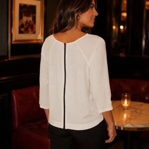 Theory Blouse‎ Womens 2 White V-Neck 3/4 Sleeve Back Zip Crepe